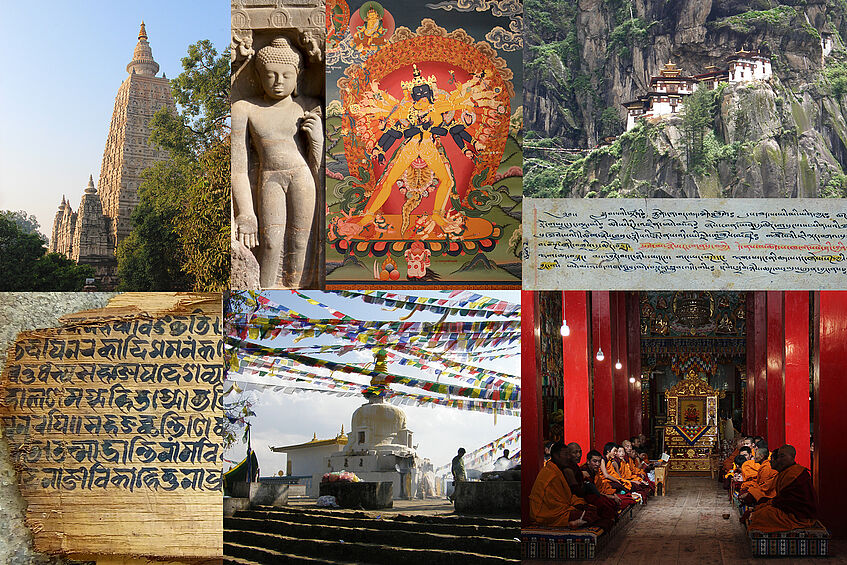 Fotocollage von tibetischer und buddhistischer Architektur, Kunst, Skulpturen und Texten.